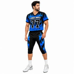 Ensemble d'uniformes de football américain personnalisés de haute qualité, design flamme bleue, maillot et pantalon sublimés, vêtements de sport d'équipe pour hommes et jeunes - Product Image 1