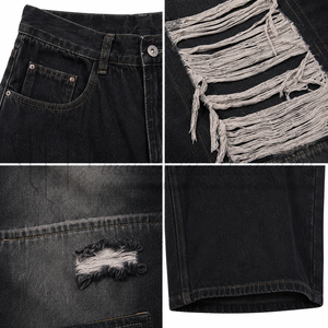 Jeans noirs déchirés pour homme, coupe large, style streetwear, patchwork, coupe ample - Product Image 6