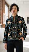 Blouson Bomber en Velours Tricoté Matelassé Brodé Suzani, Fait Main, Motif Floral Bohème, Manches Longues, Respirant, Idéal Automne