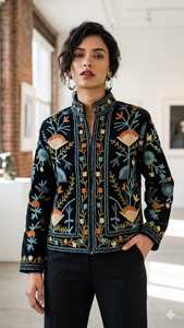 Suzani Embroidered Knitted Velvet Bomber <b>Jacket</b> Handcrafted Floral Boho Statement Wear Full Sleeve Autumn Outerwear Breathable - Product Image 2