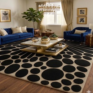 <b>Black</b> Beige Wool geometric circle pattern area <b>rug</b> Hand Tufted modern carpet for living room bedroom luxury decorative home <b>rug</b> - Product Image 2