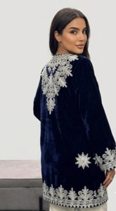 Elegant Navy Velvet Embroidered <b>Jacket</b> With White Thread Work Full Sleeve Loose Fit Midi Length Formal Wear - Product Image 3