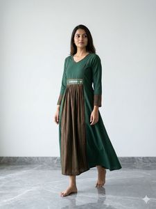 Indian Pakistani Dress V Neck Long Sleeve Midi Dress Embroidered Waist Striped Skirt Women Casual Wear - Product Image 6