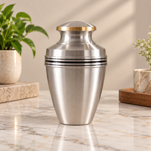 Urne funéraire structurée en laiton avec accents de bande géométrique, finition brossée et couvercle à bord doré pour souvenir commémoratif - Product Image 1