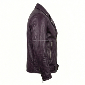 Blouson de motard en cuir violet personnalisé pour homme, manteau en peau de mouton véritable vieilli, fermeture éclair asymétrique, fournisseur de vêtements de moto en gros - Product Image 4
