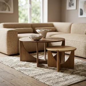 Modern Round Wood Coffee <b>Table</b> <b>Nesting</b> Minimalist Living Room Furniture - Product Image 6