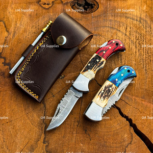Wholesale Best Price Industrial Grade Damascus Steel Clip Point Hunting Camping Folding Pocket Knife OEM EDC with Leather Pouch - Product Image 6