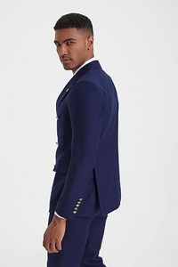 Men Double Breasted Navy Blue <b>Wool</b> Blend Suit Jacket <b>Pants</b> Set Business Formal Wear Anti-Wrinkle Notched Collar - Product Image 6