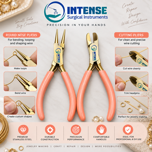 Professional 2 Piece Jewelry Making <b>Pliers</b> Set Round <b>Nose</b> <b>Flat</b> <b>Nose</b> Gold Finish Peach Handle Precision Craft Tool - Product Image 2