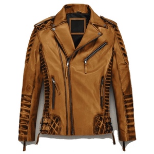 Men's <b>Brown</b> Genuine <b>Leather</b> Moto <b>Jacket</b> Zipper Closure Mandarin Collar Breathable Embossed Details Slim Fit Regular Length - Product Image 1