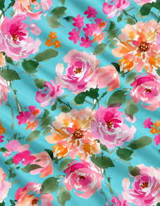 Tela floral acuarela para niñas, viscosa rayón premium, material de vestido suave y fresco, estampado digital turquesa orgánico. - Product Image 1