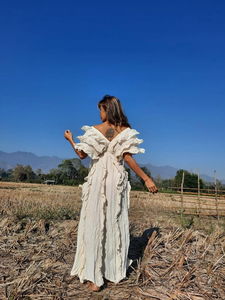 Women <b>Boho</b> White Maxi Dress Deep V-Neck Ruffle Sleeve Loose Fit Flowy Organic Cotton Eco-Friendly Summer Beach Party Dress - Product Image 5