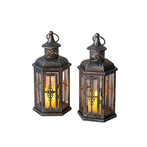 <b>Set</b> Of 2 Vintage Grey Metal Candle <b>Lanterns</b> Decorative Hanging <b>Lanterns</b> With Tempered Glass For Indoor Outdoor Home And Parties - Product Image 1