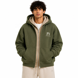 Custom Men's Double Layer <b>Zip</b> Hoodies Cotton Fleece Oversized Streetwear <b>Jacket</b> Rib Cuff Pockets Casual Winter Wholesale B2B USA - Product Image 1