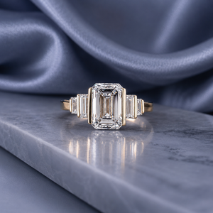 Luxury <b>Emerald</b> Cut Moissanite <b>Ring</b> for Women S925 Sterling <b>Silver</b> Yellow Gold Plated with Baguette Side Stones - Product Image 1