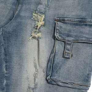 Shorts cargo en jean délavé pour homme, taille mi-haute, déchirés et usés, multi-poches, style décontracté d'été, tissu tissé - Product Image 6