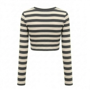 Camiseta corta personalizada para mujer, color gris carbón con rayas blancas, manga larga, cuello redondo, de secado rápido, ligera, de poliéster, a la moda. - Product Image 2