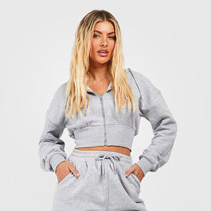 Womens Grey Solid <b>Crop</b> <b>Zip</b> <b>Up</b> Hoodie Long Sleeve Casual Fleece Jacket Custom Logo OEM ODM Wholesale Apparel - Product Image 1