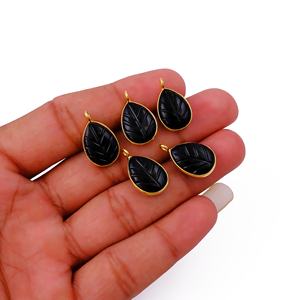 Black Onyx Gemstone <b>Pendant</b> with Leaf Pattern Teardrop Shape Bezel <b>Charm</b> Gold Plated <b>Fashion</b> <b>Pendants</b> & <b>Charms</b> - Product Image 2