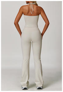 Ensembles de sport OEM pour femmes, 2 pièces, ensemble de yoga dos nu très extensible, évasé, rembourré, taille haute, pour Pilates, gym, tenue active, uni, sans couture - Product Image 3