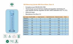 Cilindro graduado con base redonda, clase B, de 5 ml a 2000 ml, conforme a la norma DIN EN ISO 4788 Eichordnung - Product Image 2