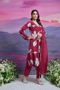 Ensemble tendance pour femmes : Kurti droit en broderie française magenta avec pantalon Chanderi et dupatta imprimé - Product Image 5