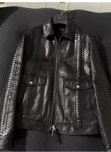 <b>Men</b> <b>s</b> Black PU Leather <b>Jacket</b> Crocodile Embossed Moto <b>Biker</b> Style Zipper Closure Turn-down Collar Regular Fit Autumn Wear - Product Image 3
