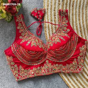 Premium Quality Italian Silk with Tricot Fuising Readymade Heavy Zari-Sequence-<b>Beads</b> work Padded Blouse At Wholesale Rate - Product Image 4
