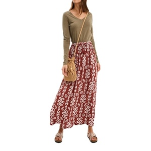 Women's Long Flowing Crepe Terracotta <b>Skirt</b> High Waist <b>Elastic</b> Band Drawstring Front 100% Viscose Lightweight Casual Summer Wear - Product Image 1