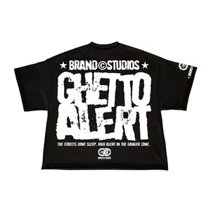 Camiseta Negra Oversize para Hombre, Manga Corta, Diseño Formal Estampado, Cuello Alto, 100% Algodón, Logotipo Frontal, Patrón Ghetto Alert - Product Image 1