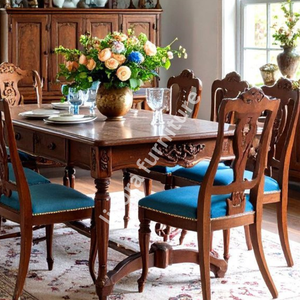 Ensemble de table à manger en bois massif artisanal de luxe pour 6 personnes, chaises sculptées ornées, finition miel premium - Product Image 2