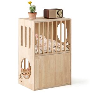 Cuccia per Gatti a 2 Piani in Legno, Casa per Gatti Simmetrica da Interno con Cuscini Rimovibili, Arredamento per Animali Domestici - Product Image 2