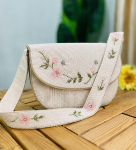 Bolso Bandolera Rectangular de Poliéster Bordado con Cuentas de Vidrio Hechas a Mano, Diseño Floral con Flores Rosas y Hojas Verdes, Lavable - Product Image 1