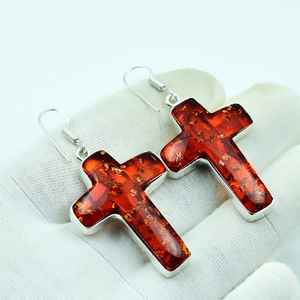 ต่างหูไม้กางเขนอำพันบอลติกสไตล์โบฮีเมียน ทำด้วยมือ เงินแท้ 925 เครื่องประดับทางศาสนา ของขวัญพระเยซูสำหรับผู้หญิง - Product Image 1
