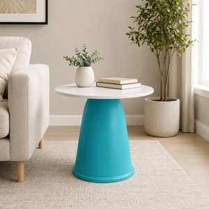 Table d'appoint ronde moderne avec plateau blanc et base conique turquoise |   Table d'appoint contemporaine pour salon, chambre à coucher, décoration intérieure - Product Image 3