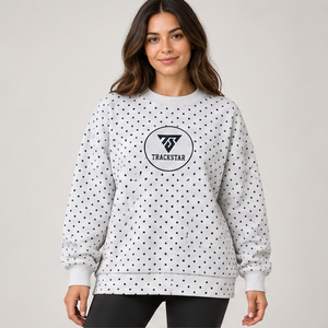 Sweat-shirt à col rond gris chiné clair pour femme avec pois bleu foncé sur toute la surface, manches longues, logo personnalisé - Product Image 1