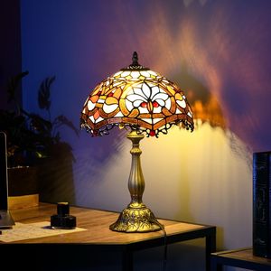 Lámpara de Mesa de Estilo Vintage con Vidrio Floral Teñido, Pantalla con Diseño de Flores, Acabado en Cobre Medio, Luz LED para Lectura en el Dormitorio - Product Image 1