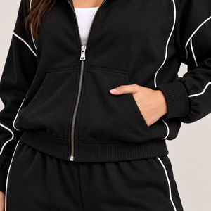 Conjunto de chándal negro para mujer con ribetes, chaqueta con capucha y cremallera completa, pantalones de chándal de pierna ancha, ajuste relajado, dos piezas, ropa casual urbana al por mayor - Product Image 5