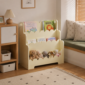Scandinavian style 3 tier wooden bookshelf with wavy edges crafted from American <b>pine</b> for bedrooms and modern homes. - Product Image 4