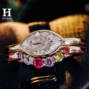 Custom 14K <b>Gold</b> Marquise Cut Moissanite Engagement <b>Ring</b> <b>Set</b> with Multi-Color Gemstone Curved Wedding Band for Women - Product Image 1