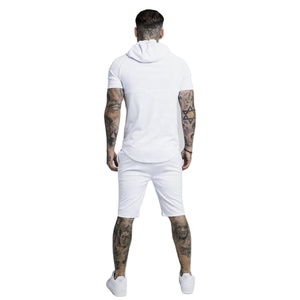 ชุดเสื้อฮู้ดและกางเกงขาสั้นผ้าฝ้ายโพลีเอสเตอร์ Raglan,กางเกงขาสั้นสำหรับออกกำลังกายในยิมมีโลโก้แบบกำหนดเอง - Product Image 4