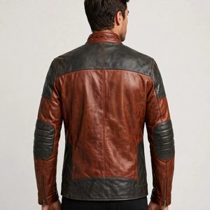 Blouson de moto en cuir personnalisé pour homme, color-block, fermeture éclair, col montant, style motard, pour l'automne - Product Image 2