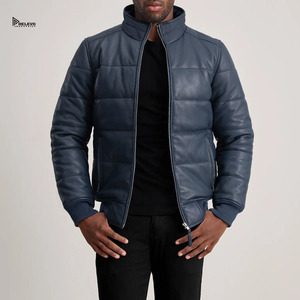 Veste matelassée en cuir bleu foncé pour homme RELEVO, col montant, fermeture éclair, manteau d'hiver décontracté épais et chaud, style urbain - Product Image 1