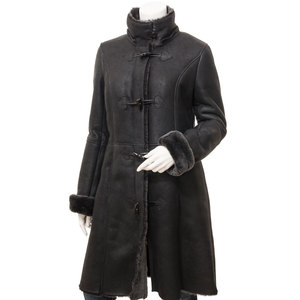 Women's Long Shearling <b>Leather</b> <b>Coat</b> Stand Collar Double Breasted Full Sleeve Windproof <b>Fur</b> Lining Winter Elegant Style - Product Image 1