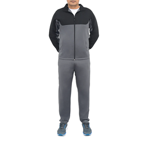 Ensemble de survêtement gris pour homme avec blocs de couleur, fermeture éclair intégrale, capuche, style sportif, respirant, en polyester, pour l'automne, coupe classique, poches latérales - Product Image 1