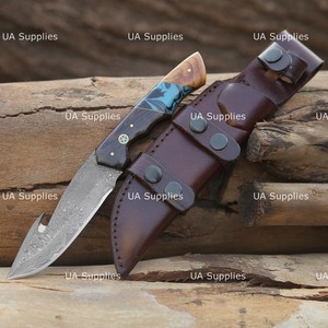 Couteau de survie, de chasse et de camping à lame fixe, acier Damas, qualité industrielle, pointe clip, 4,5 pouces, avec étui en cuir, OEM - Product Image 4