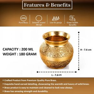 Lota Puja Kalash en laiton pur plaqué, motif floral artisanal, 200 ml, récipient traditionnel en laiton de haute qualité pour temple domestique, Jal Arpan - Product Image 5