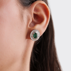 Classic Design Bridesmaid Gift <b>Emerald</b> & Diamond 14K Real White Gold Double Cluster <b>Stud</b> <b>Earrings</b> Wedding Party Wear Jewelry - Product Image 2