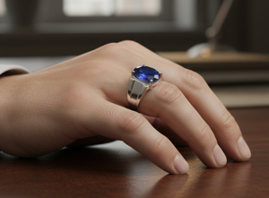 Bague classique en argent 925 avec saphir bleu ovale et zircon cubique, sertie à griffes, style unisexe, pierre de septembre - Product Image 2
