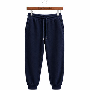 Men's Dark Blue Casual Waffle Jogger <b>Trousers</b> <b>Elastic</b> <b>Waist</b> Drawstring 100% Cotton Cuffs Ribbed Texture Plain Dyed OEM Service - Product Image 2